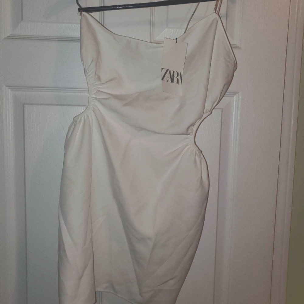 NWT Zara White One Shoulder Spaghetti straps Cut-out  Dress Sz M